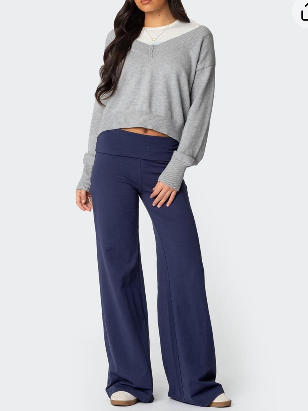 Edikted Navy Wide Leg Fold-Over Waist Pants